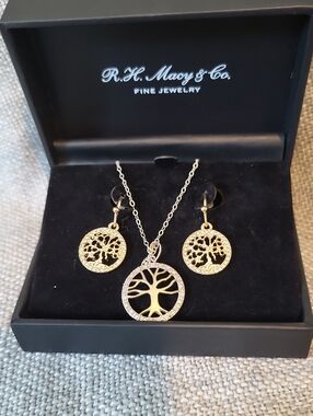 Gold Tree of Life Necklace and Earring Set With Diamond Accents